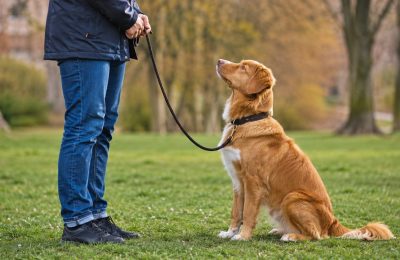 A calm dog on a lead beside its owner in a park