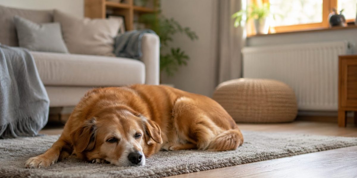 A calm dog resting peacefully alone at home