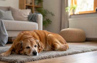 A calm dog resting peacefully alone at home