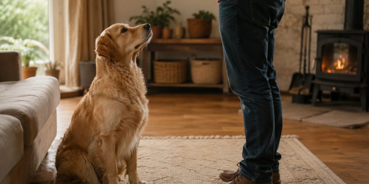 A calm dog sitting attentively and looking up at its owner