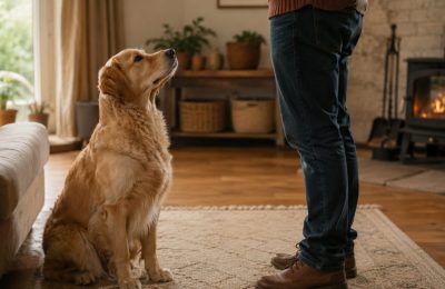 A calm dog sitting attentively and looking up at its owner