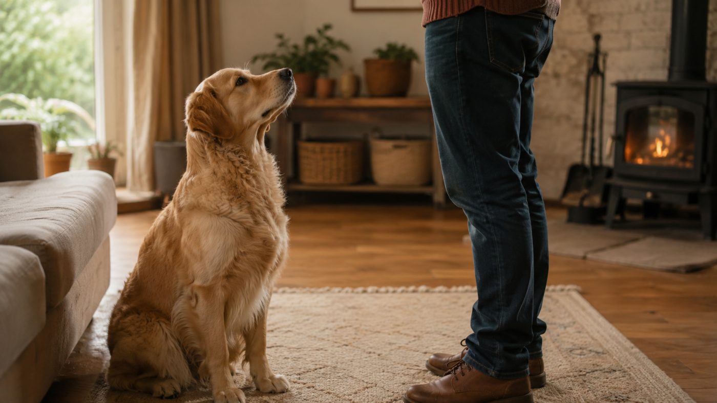 A calm, relaxed dog sitting with its owner indoors