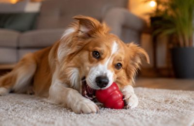 A dog happily chewing an appropriate chew toy