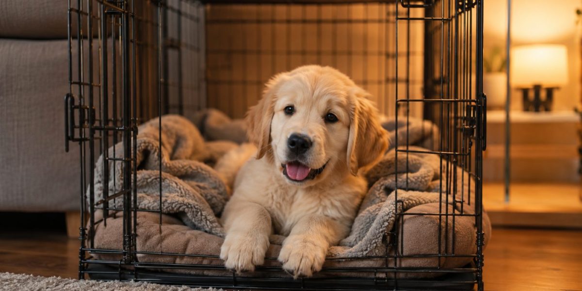 A relaxed puppy resting happily inside a cosy open crate
