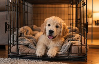 A relaxed puppy resting happily inside a cosy open crate