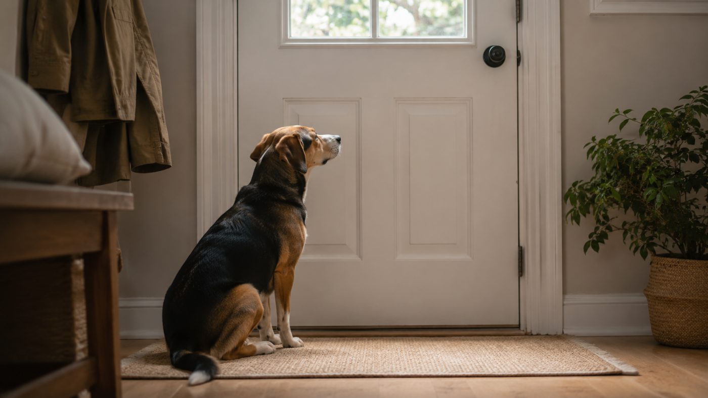 A dog waiting anxiously by the front door