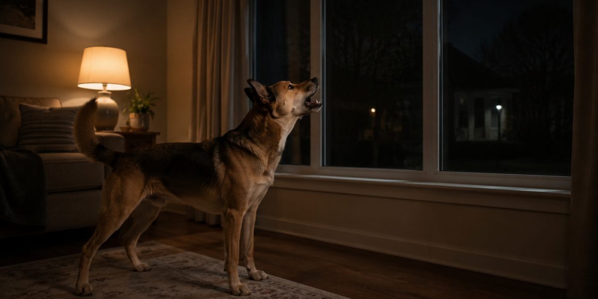 A dog barking alert at a dark window at night