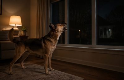 A dog barking alert at a dark window at night