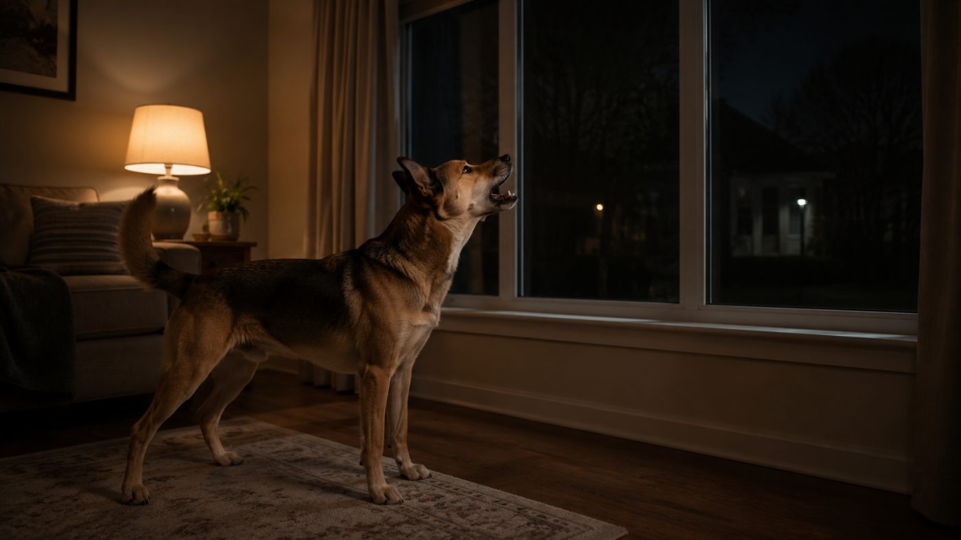 A dog barking alert at a dark window at night