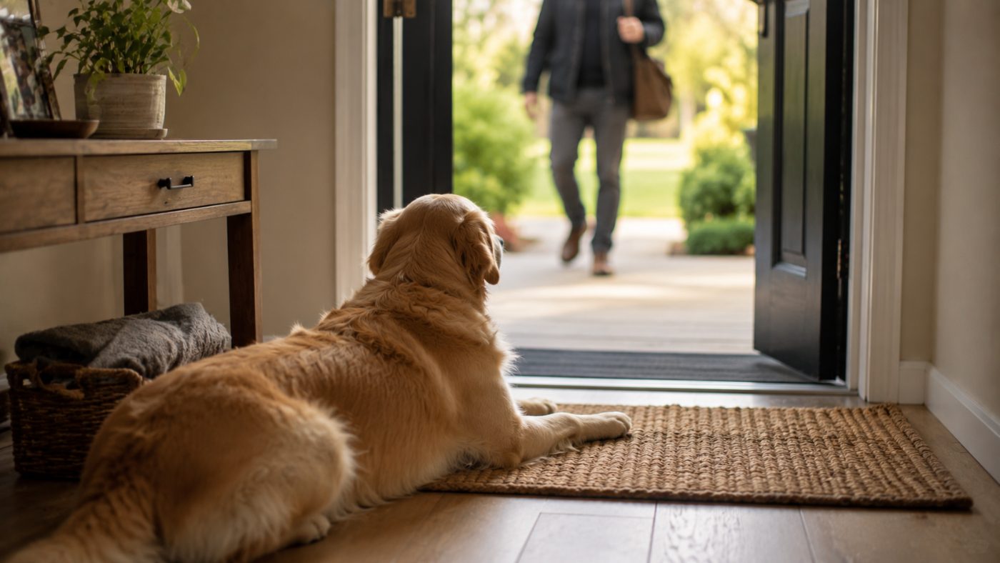 A dog lying calmly on a mat as a visitor arrives at the door