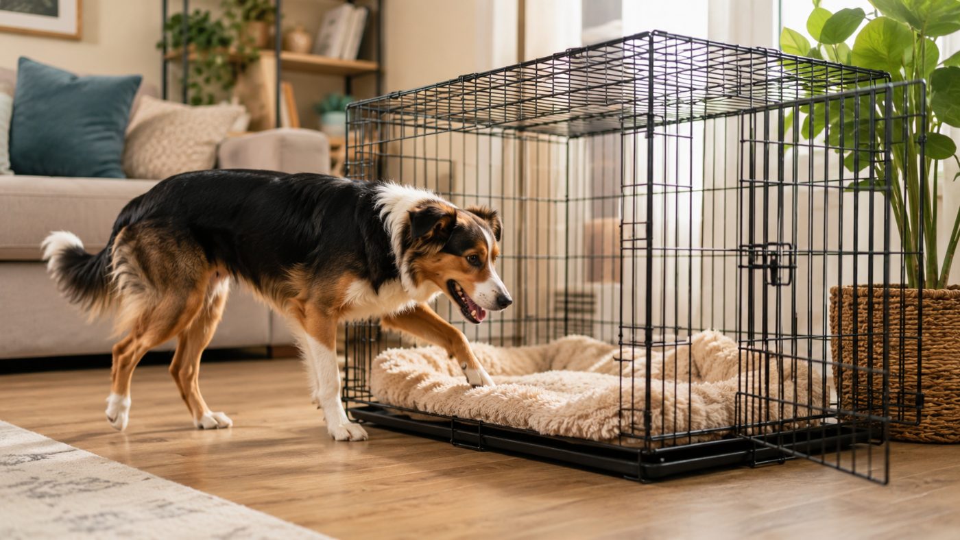 A happy dog voluntarily walking into an open crate