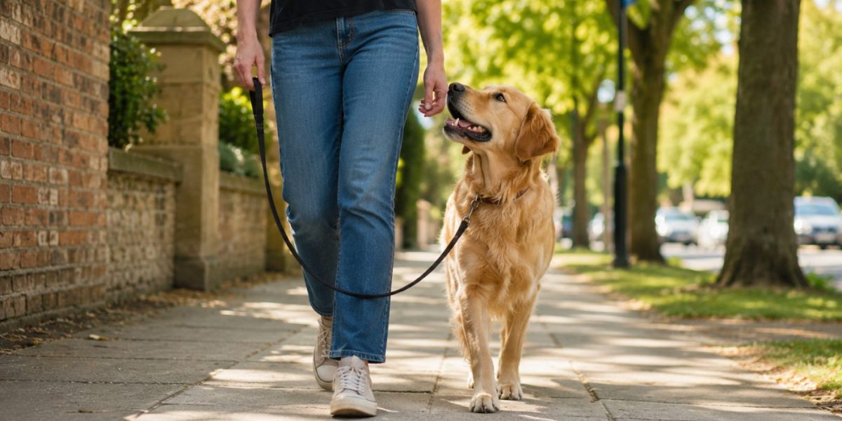 A dog walking in heel position beside a person on a loose lead