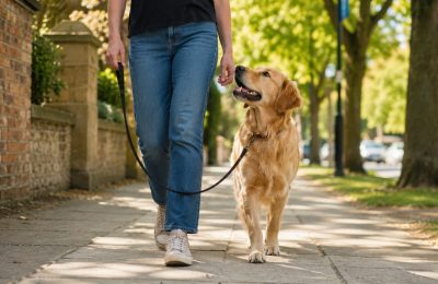 A dog walking in heel position beside a person on a loose lead