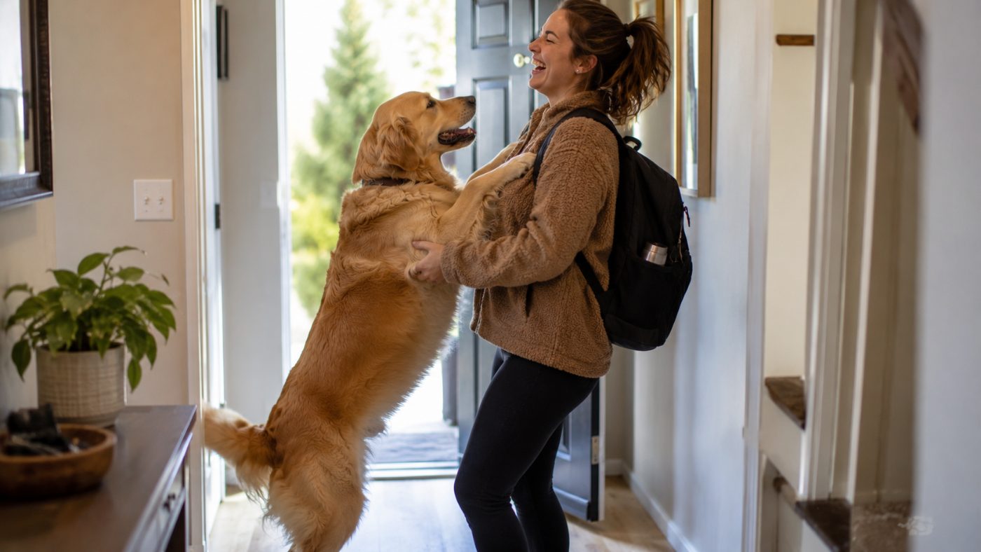 An excited dog jumping up on a person to greet them