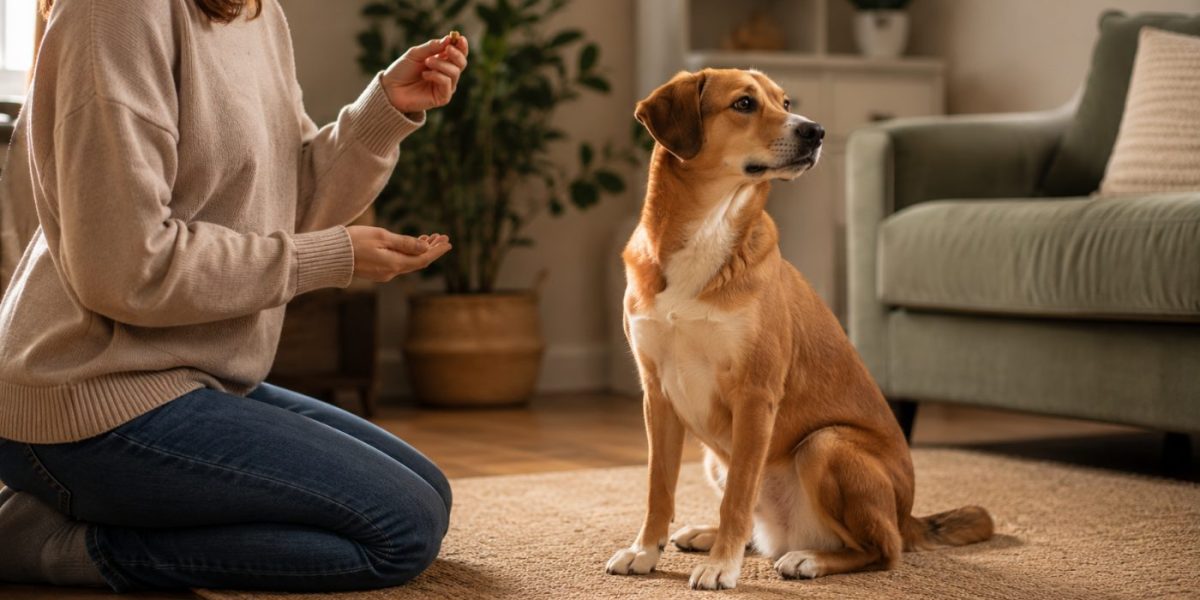 A person training a dog to leave a treat