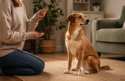 A person training a dog to leave a treat