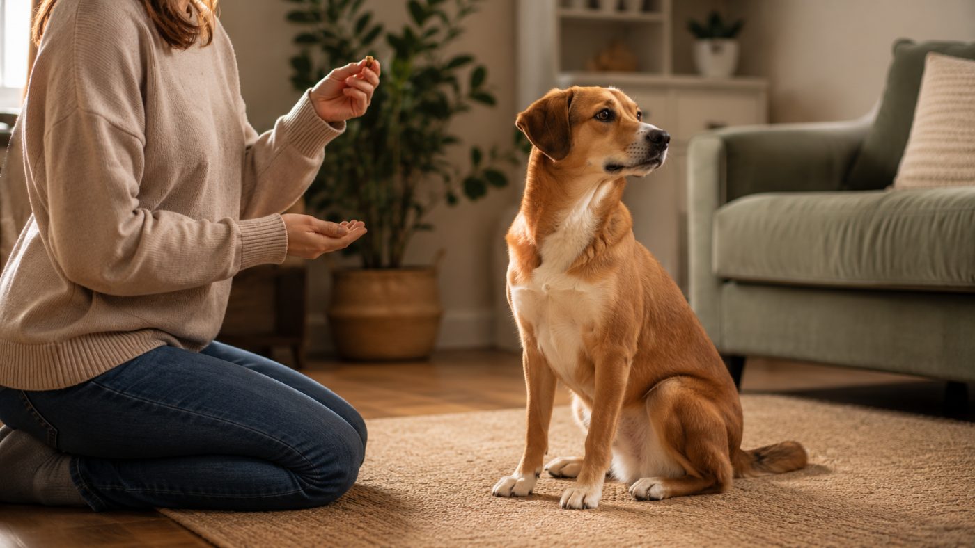 A person reward-training a dog at their side