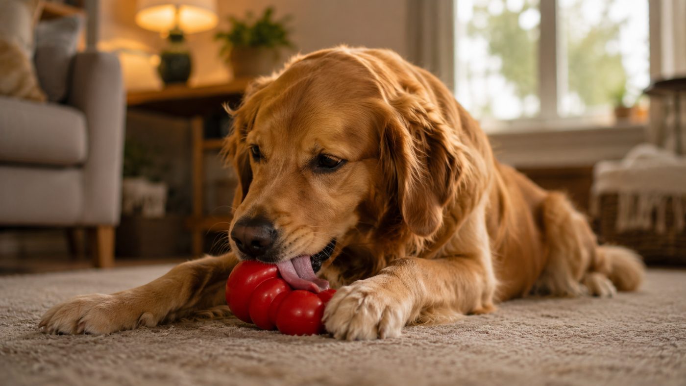 A dog busy licking a stuffed Kong toy while home alone