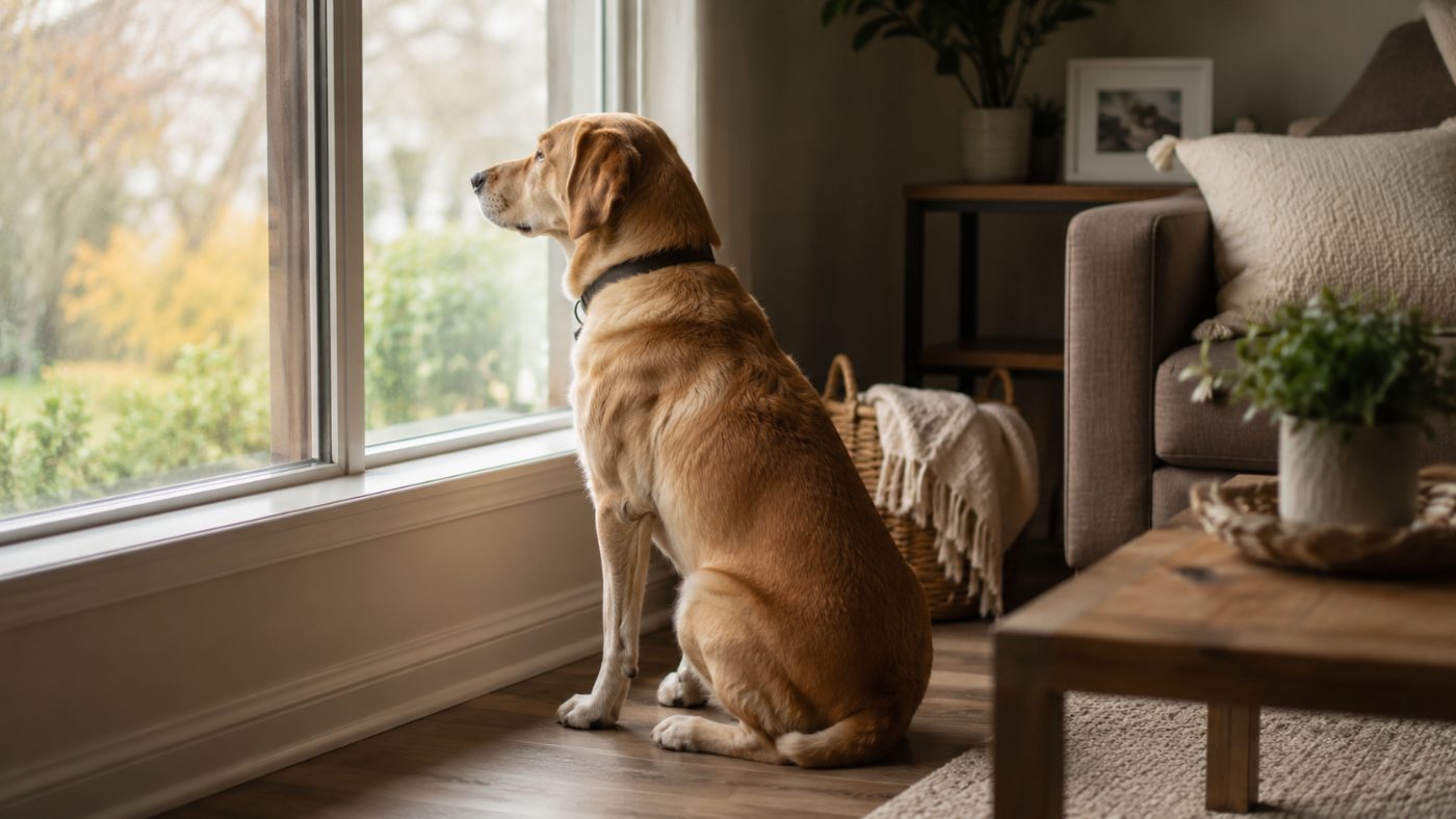 A dog looking out of the window while home alone