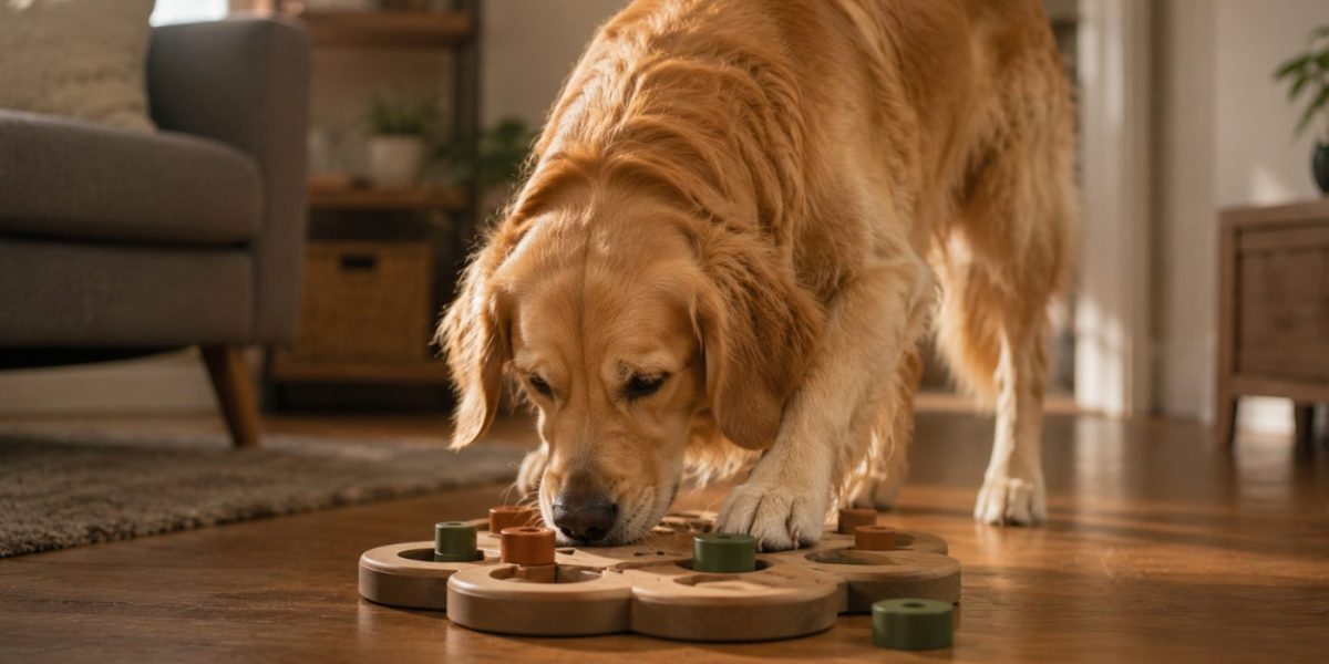 A dog nose-working at a puzzle feeder toy on the floor