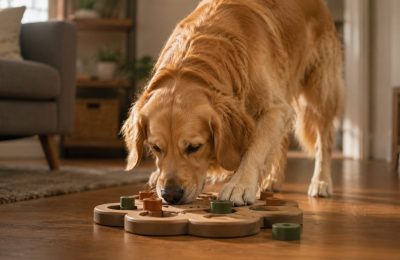 A dog nose-working at a puzzle feeder toy on the floor