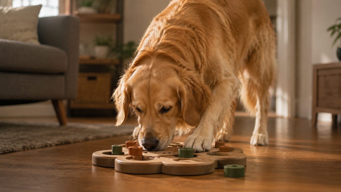A dog working at a puzzle feeder for enrichment