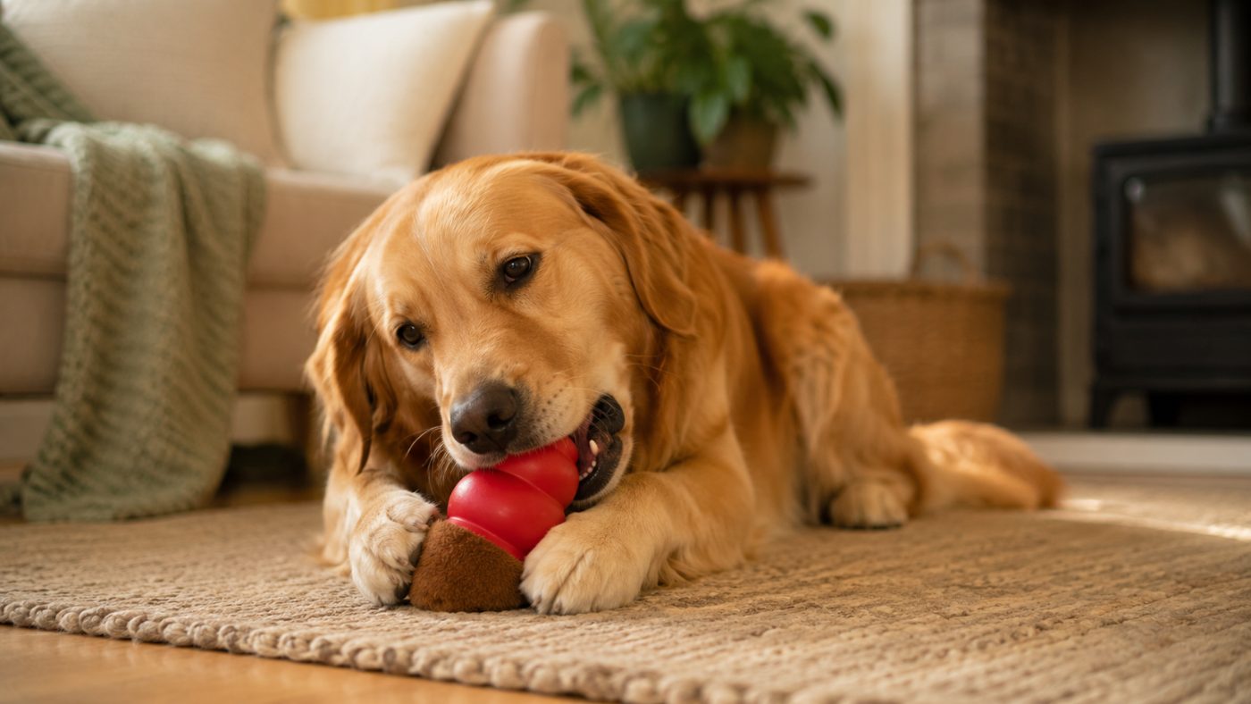 A content dog relaxing alone with a stuffed Kong toy