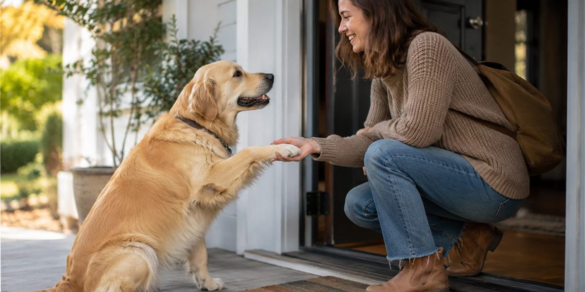 A dog sitting politely to greet a person at the front door