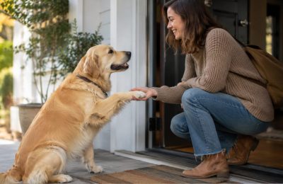A dog sitting politely to greet a person at the front door