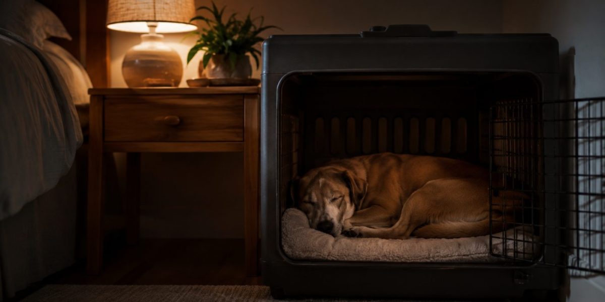A dog sleeping peacefully in a cosy crate at night