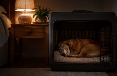 A dog sleeping peacefully in a cosy crate at night