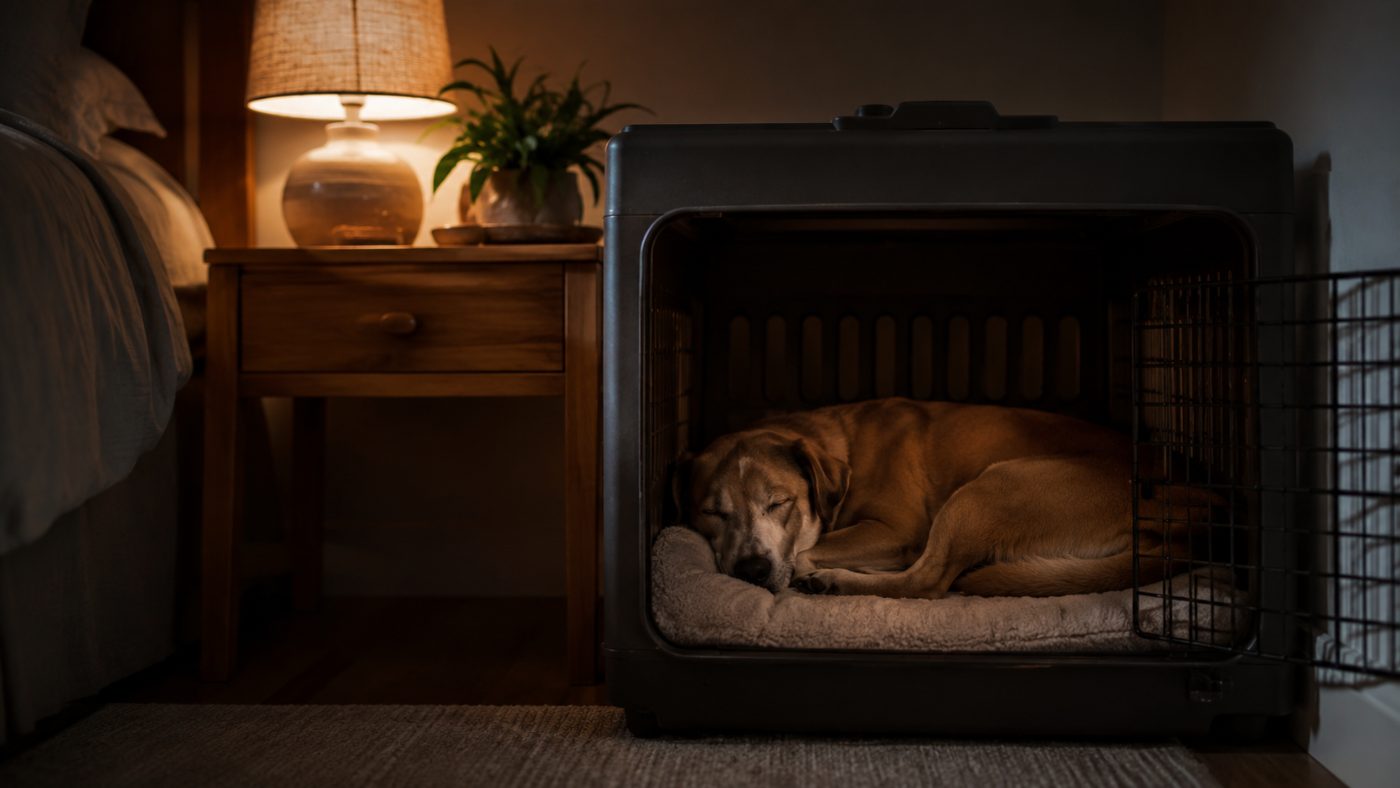 A puppy sleeping peacefully in a cosy crate at night