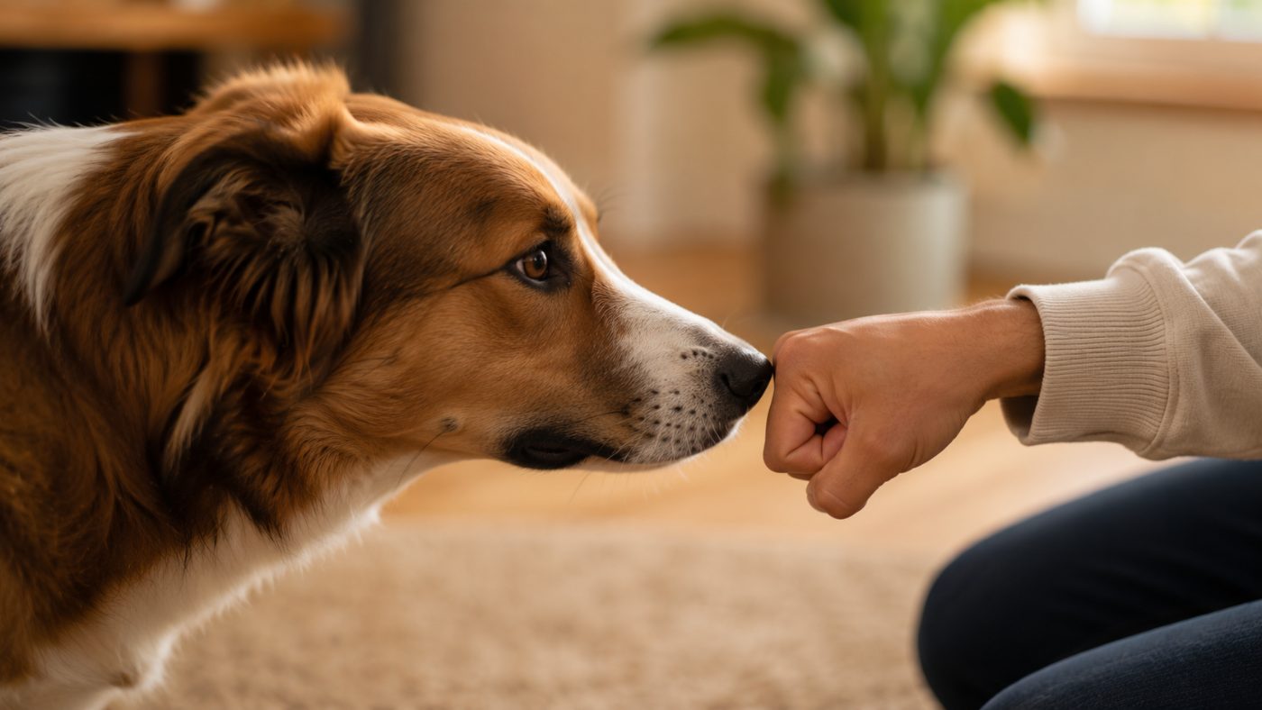 A dog sniffing a person closed fist during leave it training