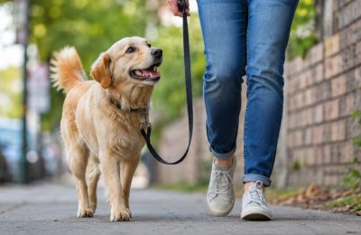 A happy dog walking on a loose lead beside its owner