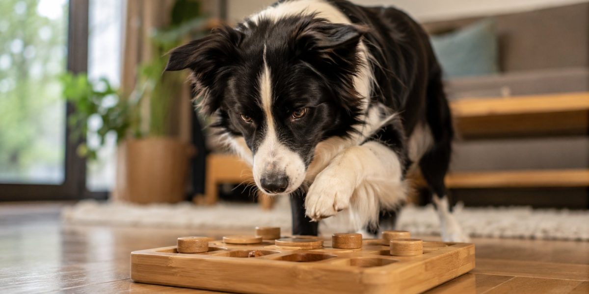 A dog concentrating on a puzzle game for mental stimulation at home