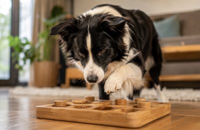 A dog concentrating on a puzzle game for mental stimulation at home