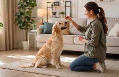 An owner teaching a dog to sit with a treat
