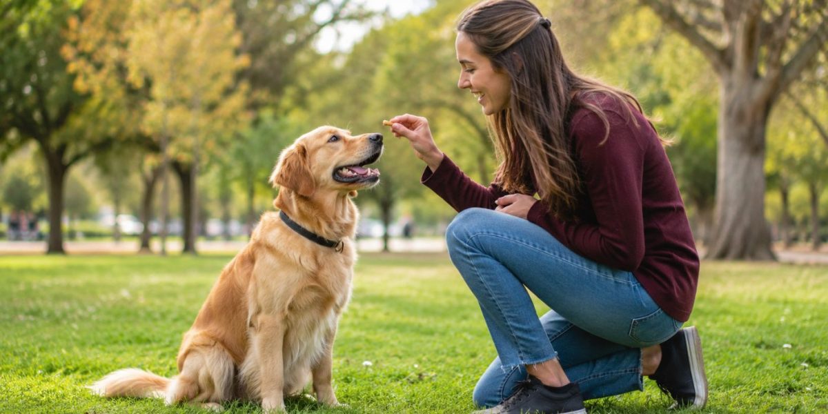 A joyful dog and owner during reward-based training