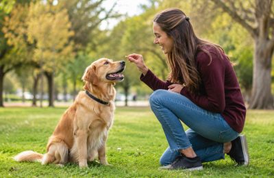 A joyful dog and owner during reward-based training