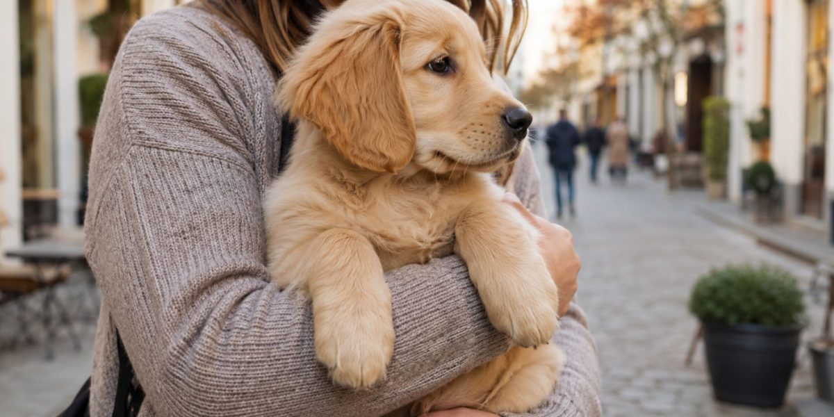 A happy puppy being carried outdoors on a town street