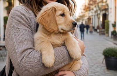 A happy puppy being carried outdoors on a town street