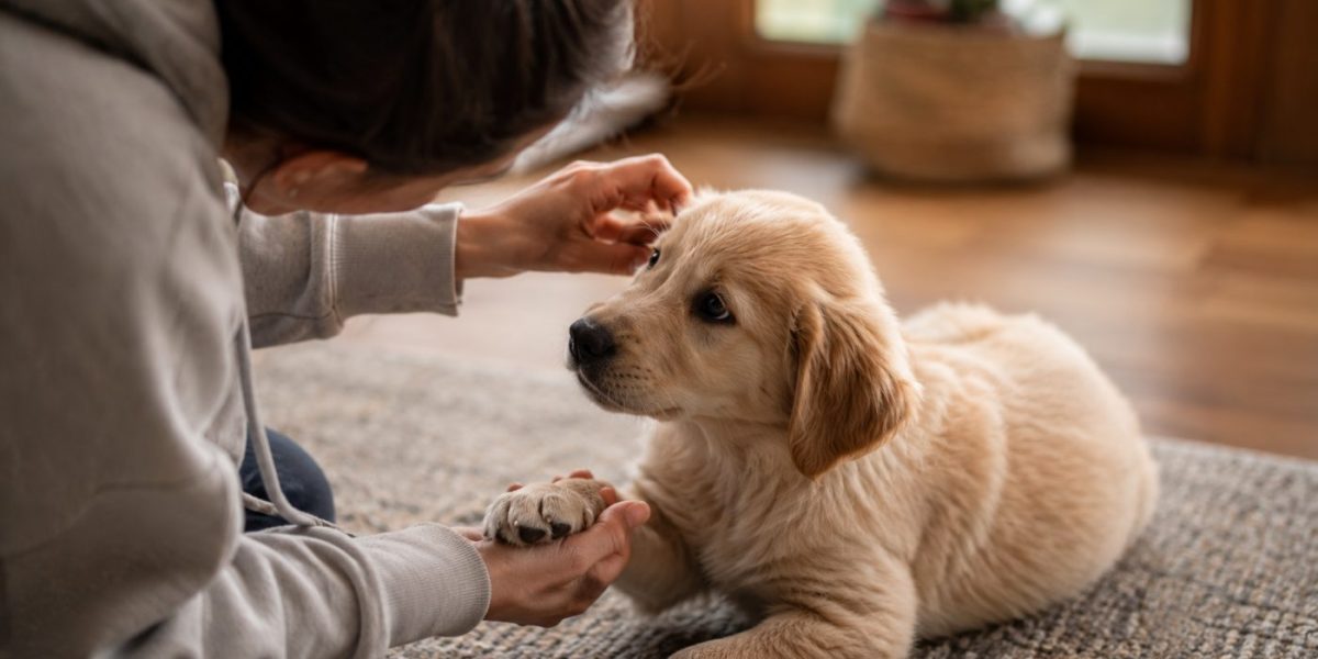 A person gently handling a calm puppy to build trust