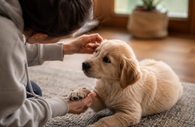 A person gently handling a calm puppy to build trust