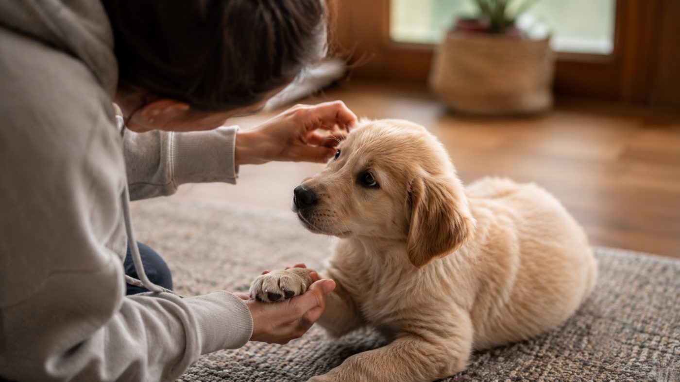 A person gently handling a calm puppy to build trust