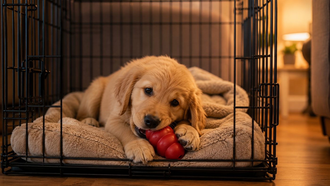 A content puppy chewing a stuffed Kong inside its crate