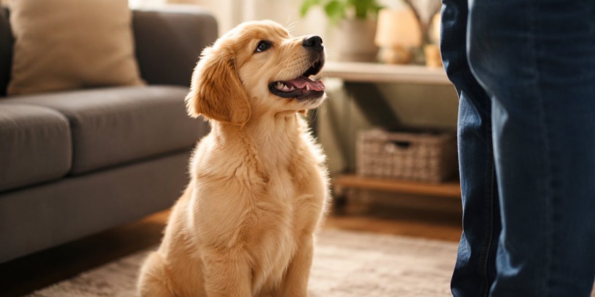 A young puppy learning to sit during an early training session at home