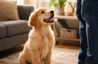 A young puppy learning to sit during an early training session at home