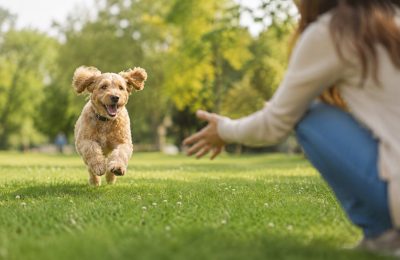 A happy dog running back to its owner during recall