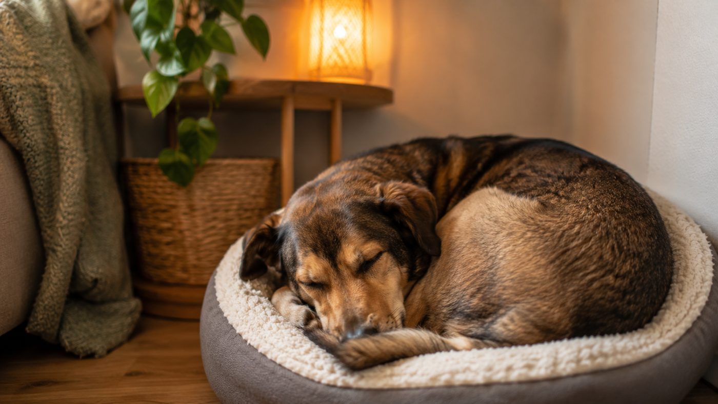 A dog decompressing in a cosy quiet corner bed