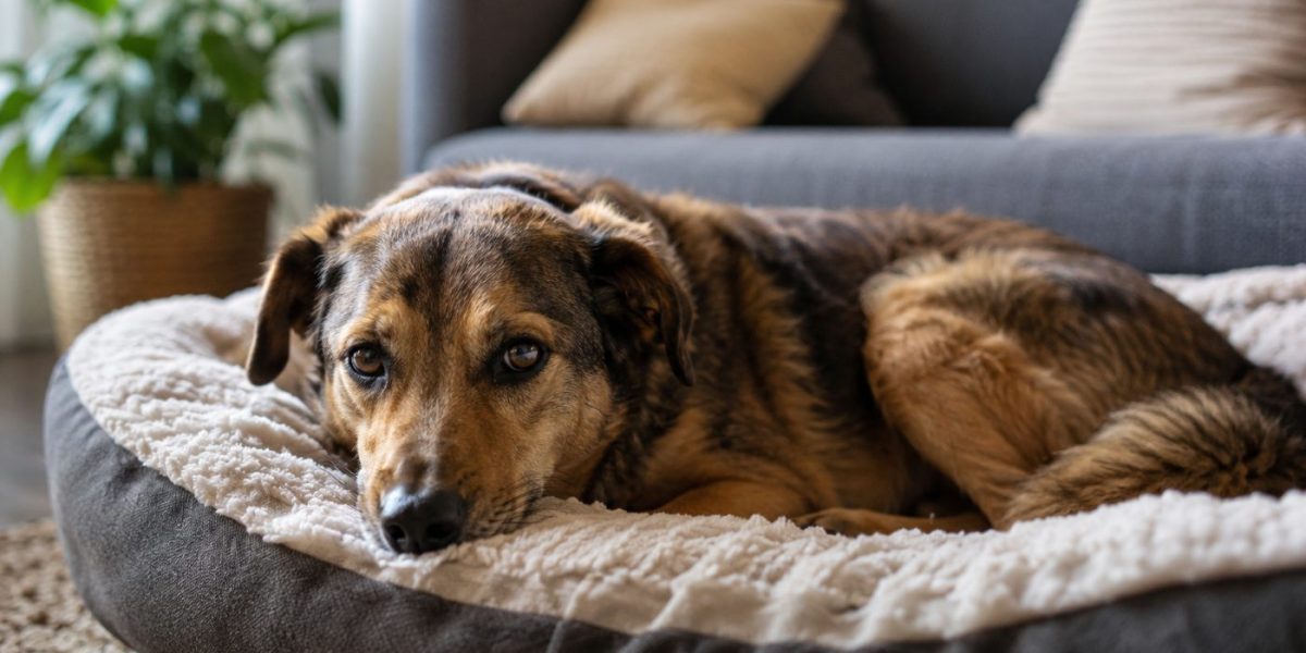 A gentle rescue dog resting safely on a bed at home